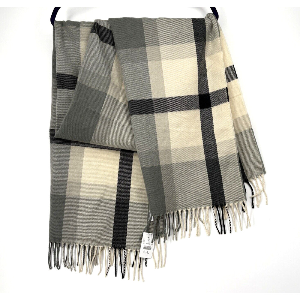 J. Crew Plaid Scarf Wrap Gray Tan Plaid‎ Check Fringe Style NWT